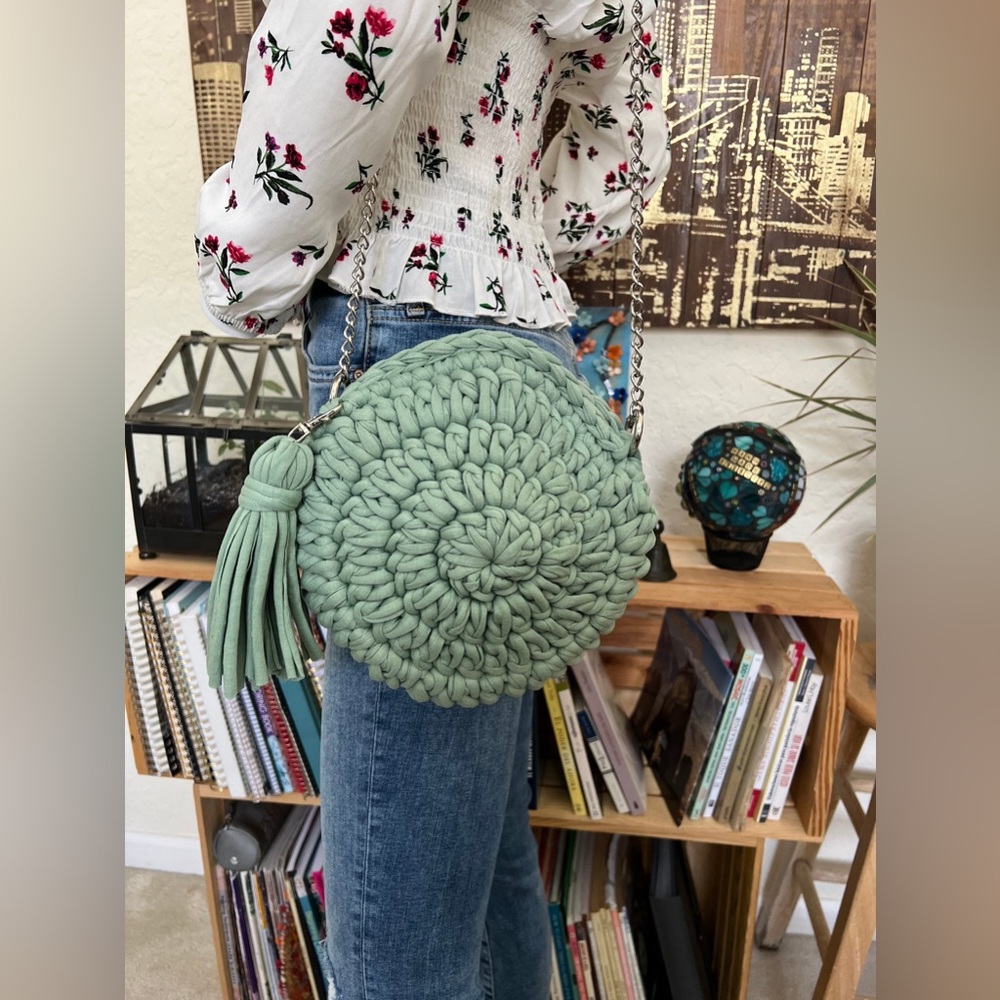 Round Pastel Mint Green Luxury Crochet Shoulder Bag - Small Round Crossbody Bag
